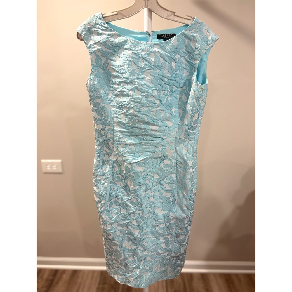 Vintage Preppy Ralph Lauren Light Blue Floral Jacquard Sheath Dress Ruched 6
